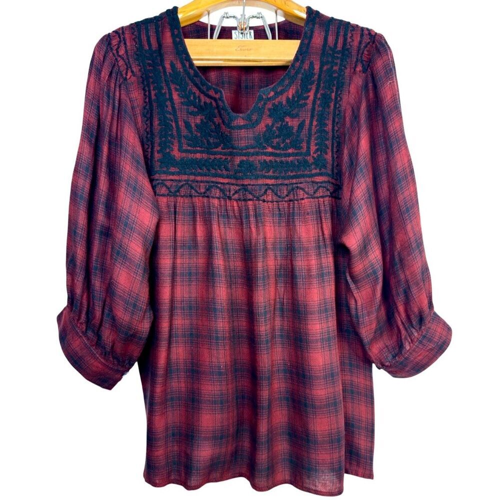 Sister Mary Embroidered Red and Black Boho Western Blouse Size: L